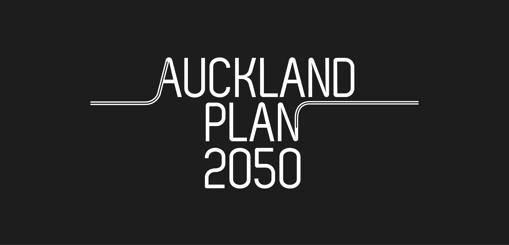 A black field with a futuristic white logo with the words "Auckland plan 2050".