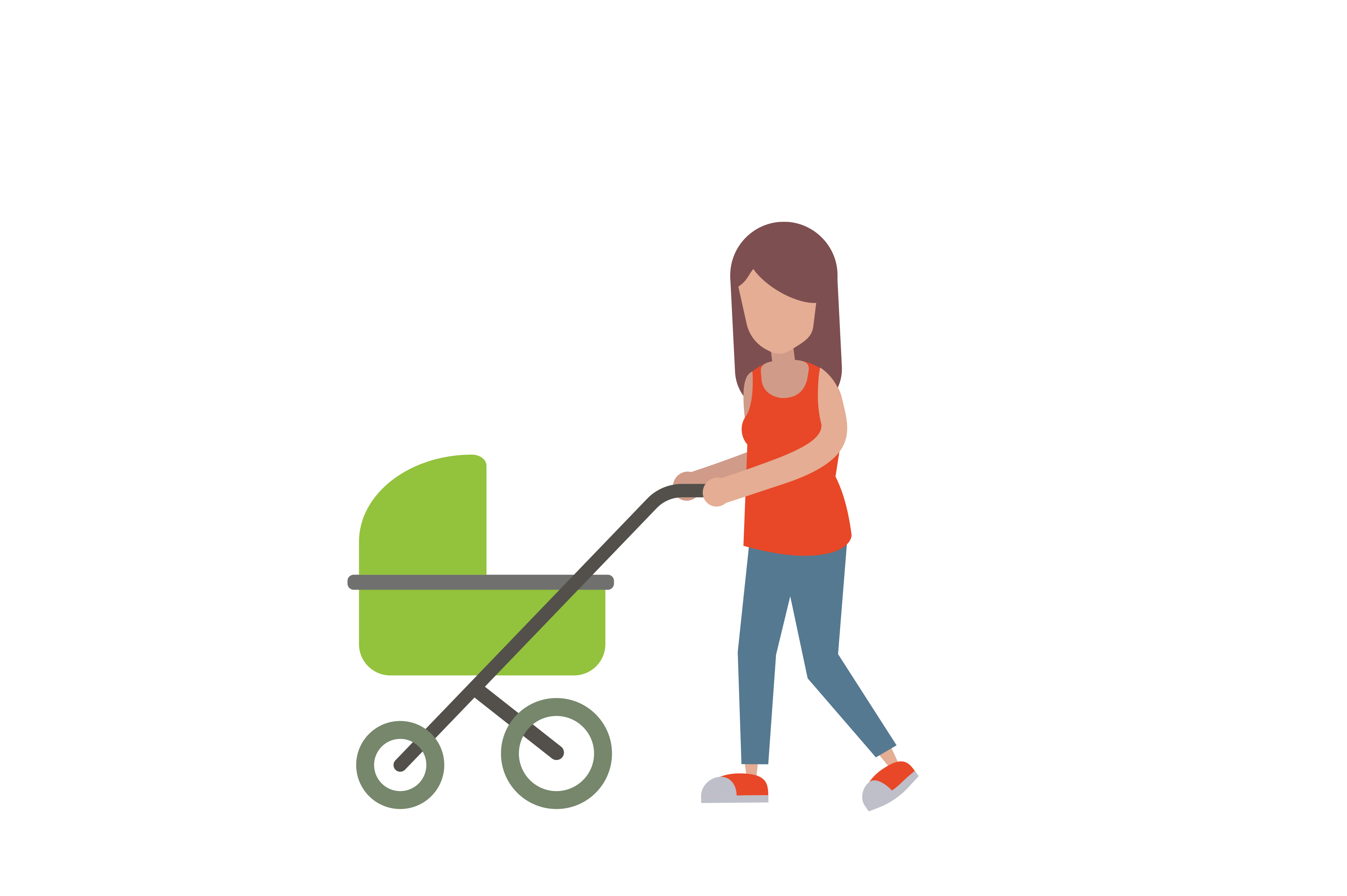 We see a mum with long hair in summer clothes walking with a push pram.