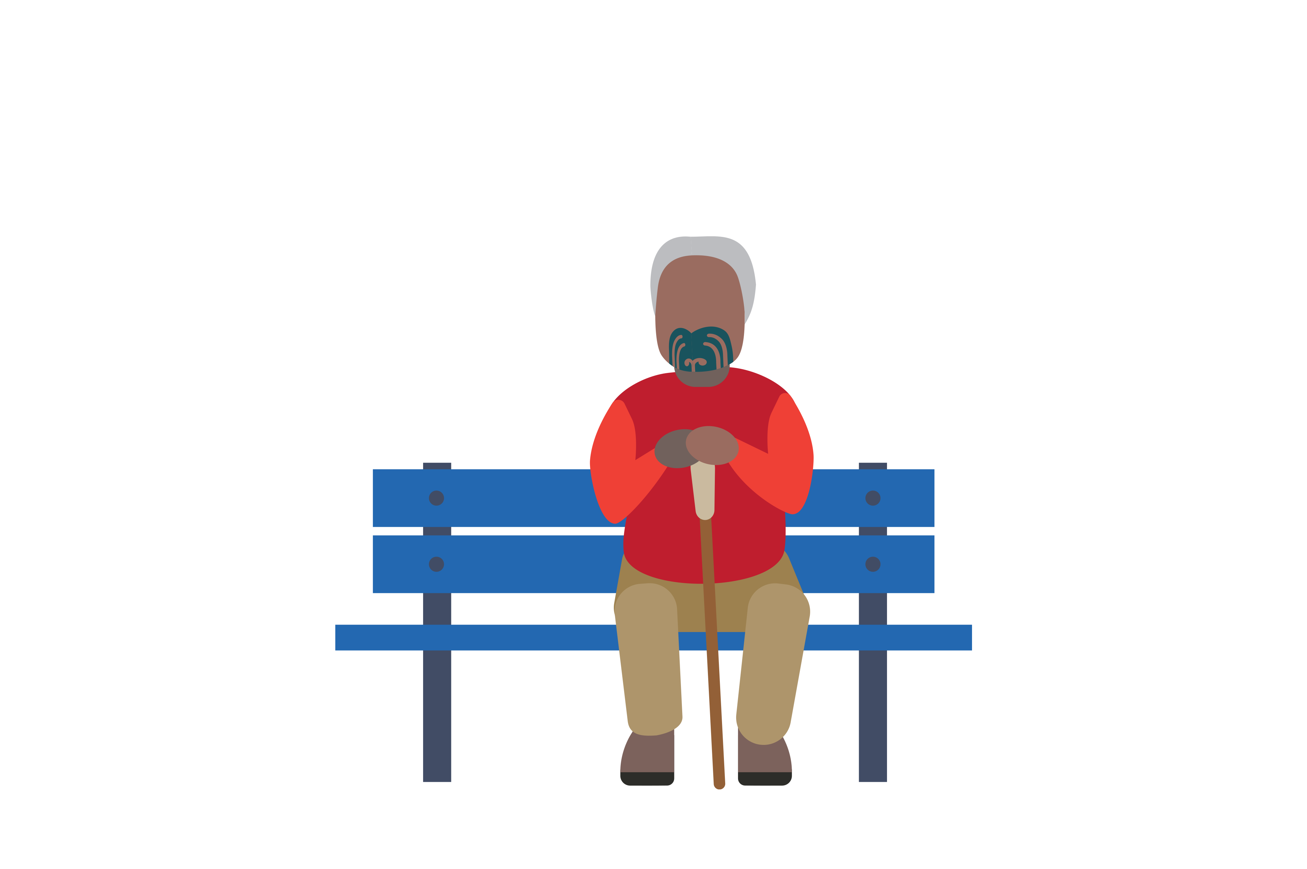 We see an elderly man with a moko on his face, sits on a bench while holding his walking stick. He has much mana after a long life of service.