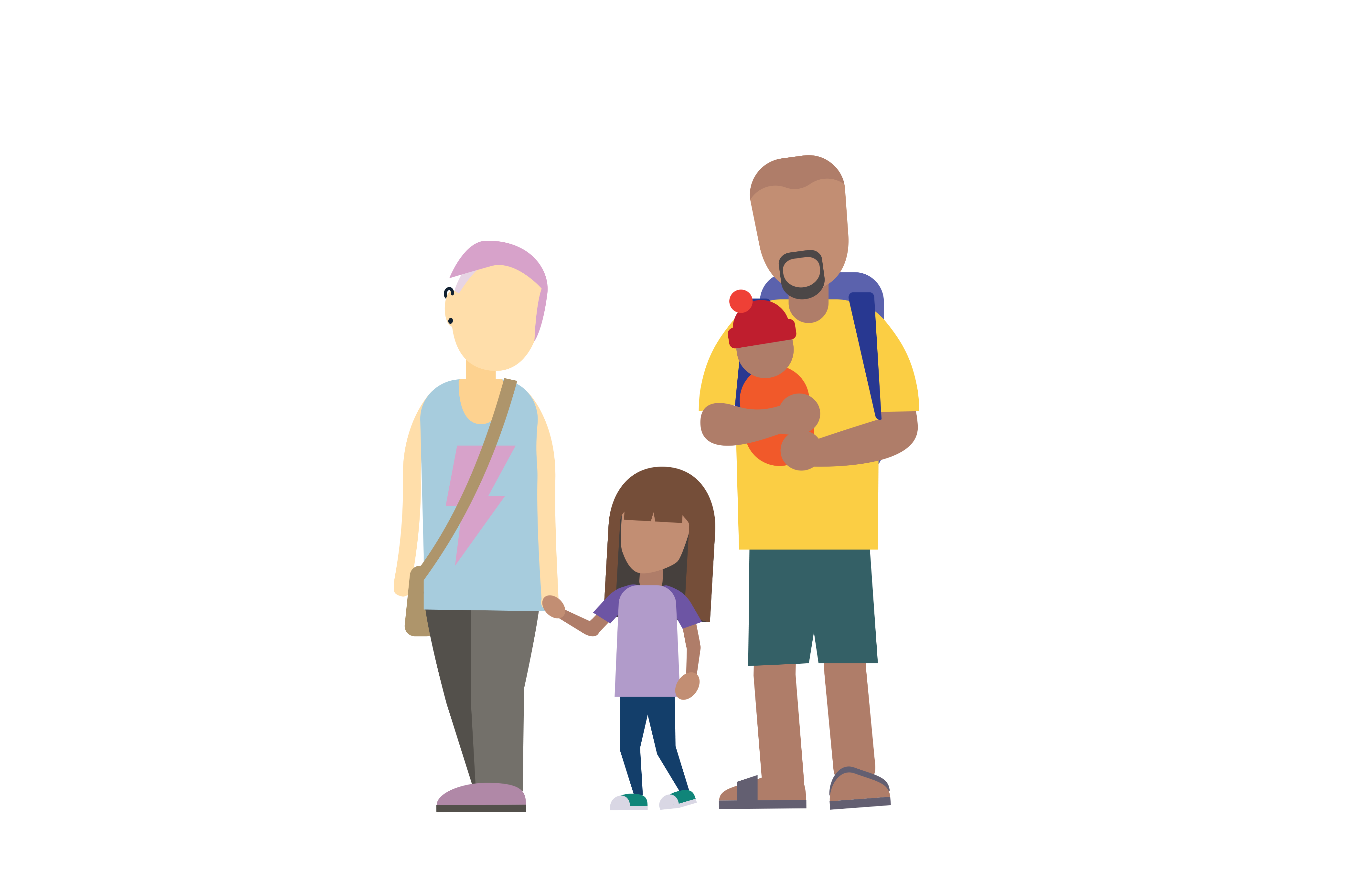 We see a mum and dad with their two children. Mum has funky pink hair, and is holding her young child's hand while dad is wearing and is holding their infant attentively.