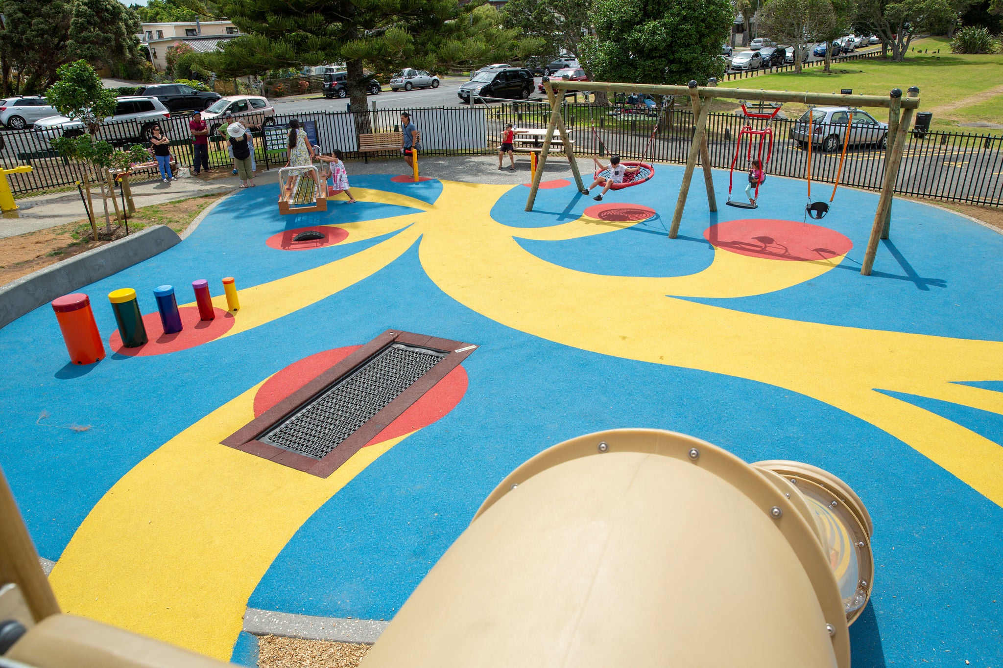 Provide a range of play options to suit a wide range of ages and abilities. The trampoline is accessible at ground level and large enough to accommodate mobility equipment.