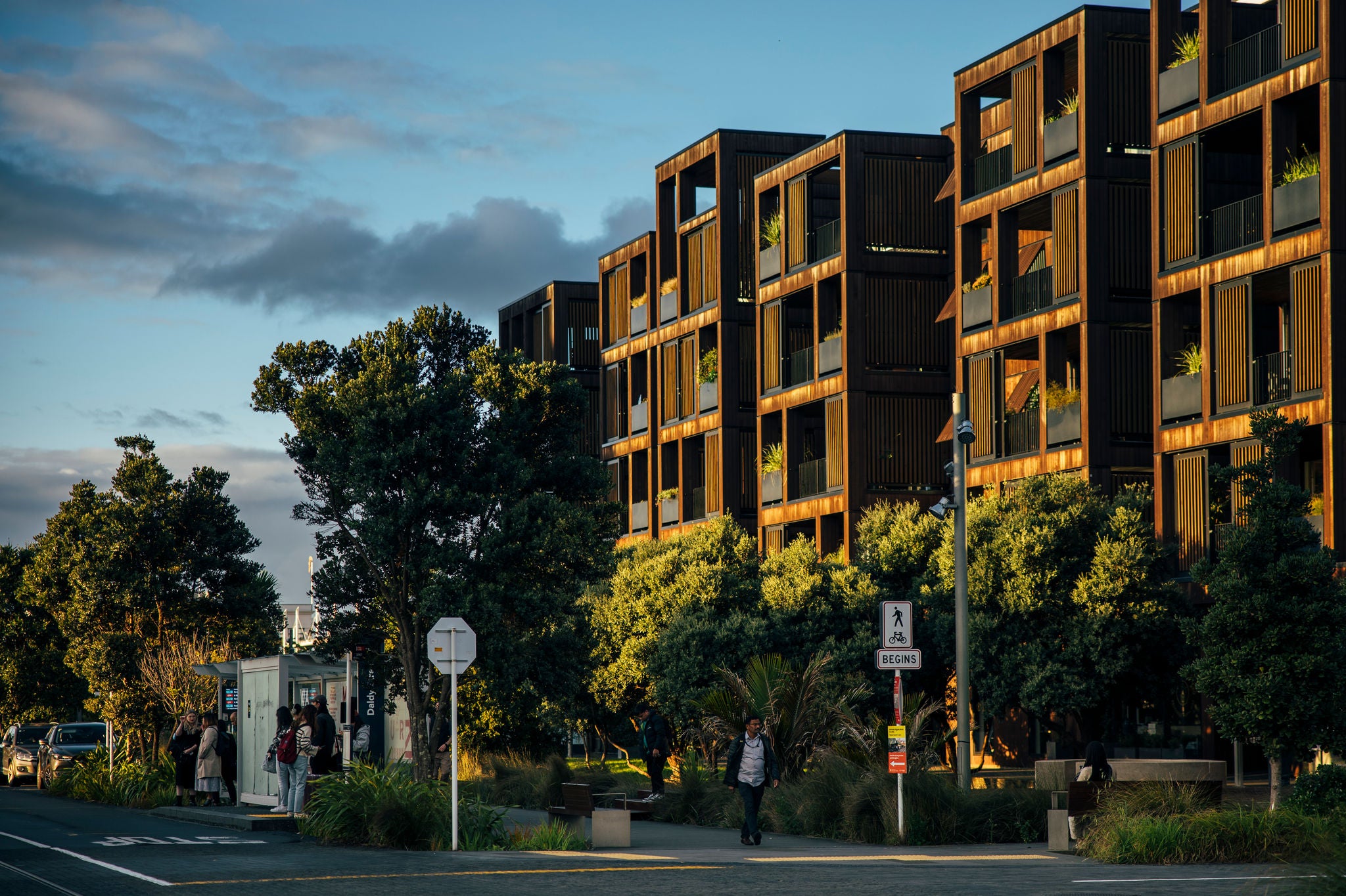 The facade of the North Wharf Apartments in the golden light of the setting sun. The street below the windows is hemmed with lush native trees, and people are walking about.