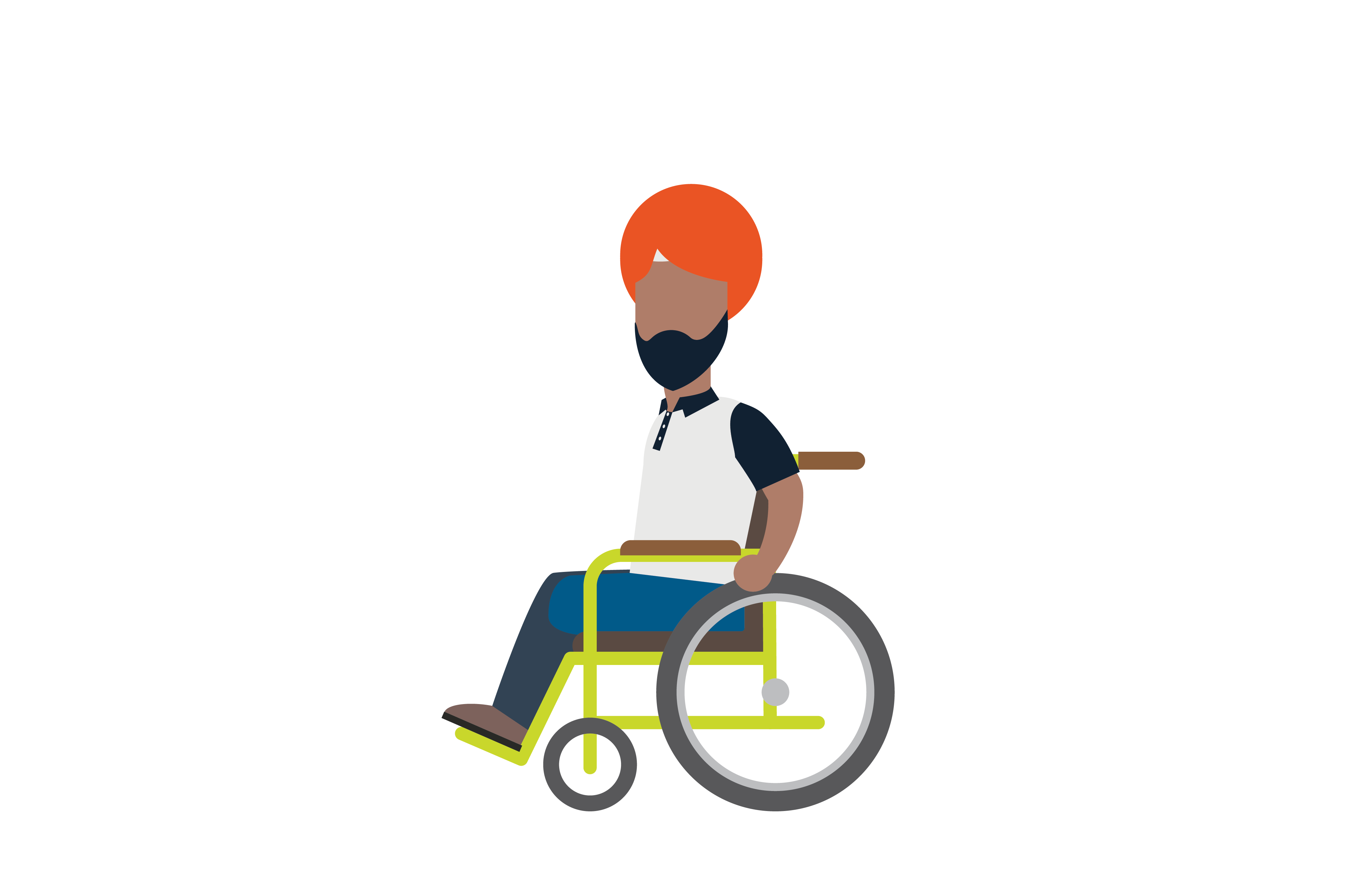 A man with an orange sikh turban sits in a green wheelchair. His lower left leg is missing.