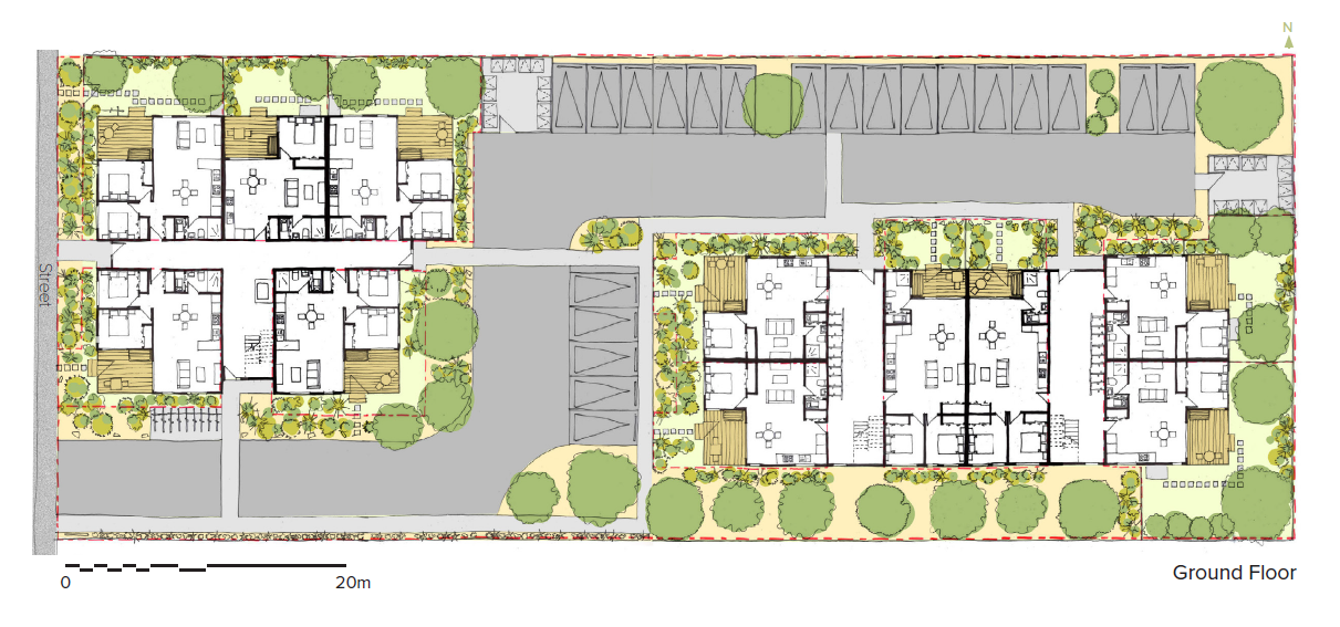 Example of a 38 apartment option shown on a site plan on a particular site