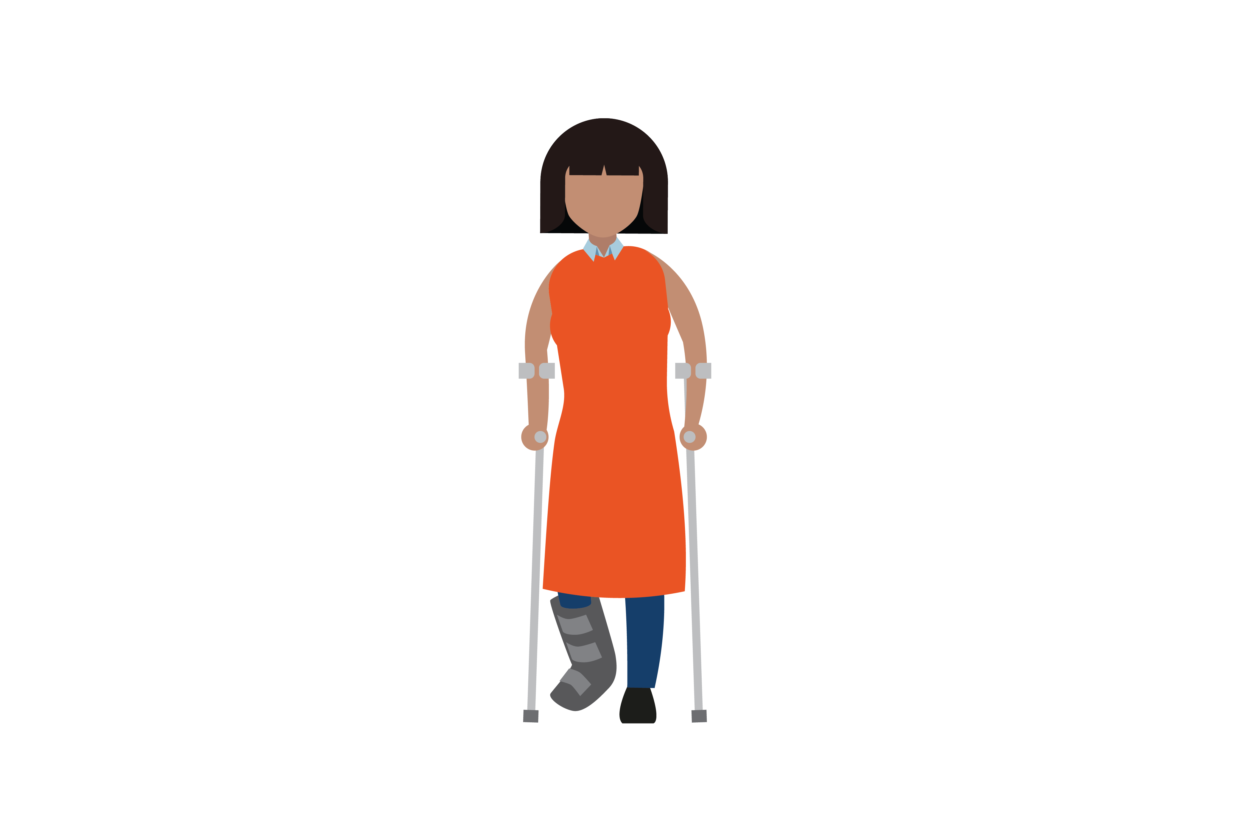 A woman in an orange dress and blue leggings is standing on her crutches after surgery on her foot. She has a grey moon boot on her right foot to keep it immobilised.