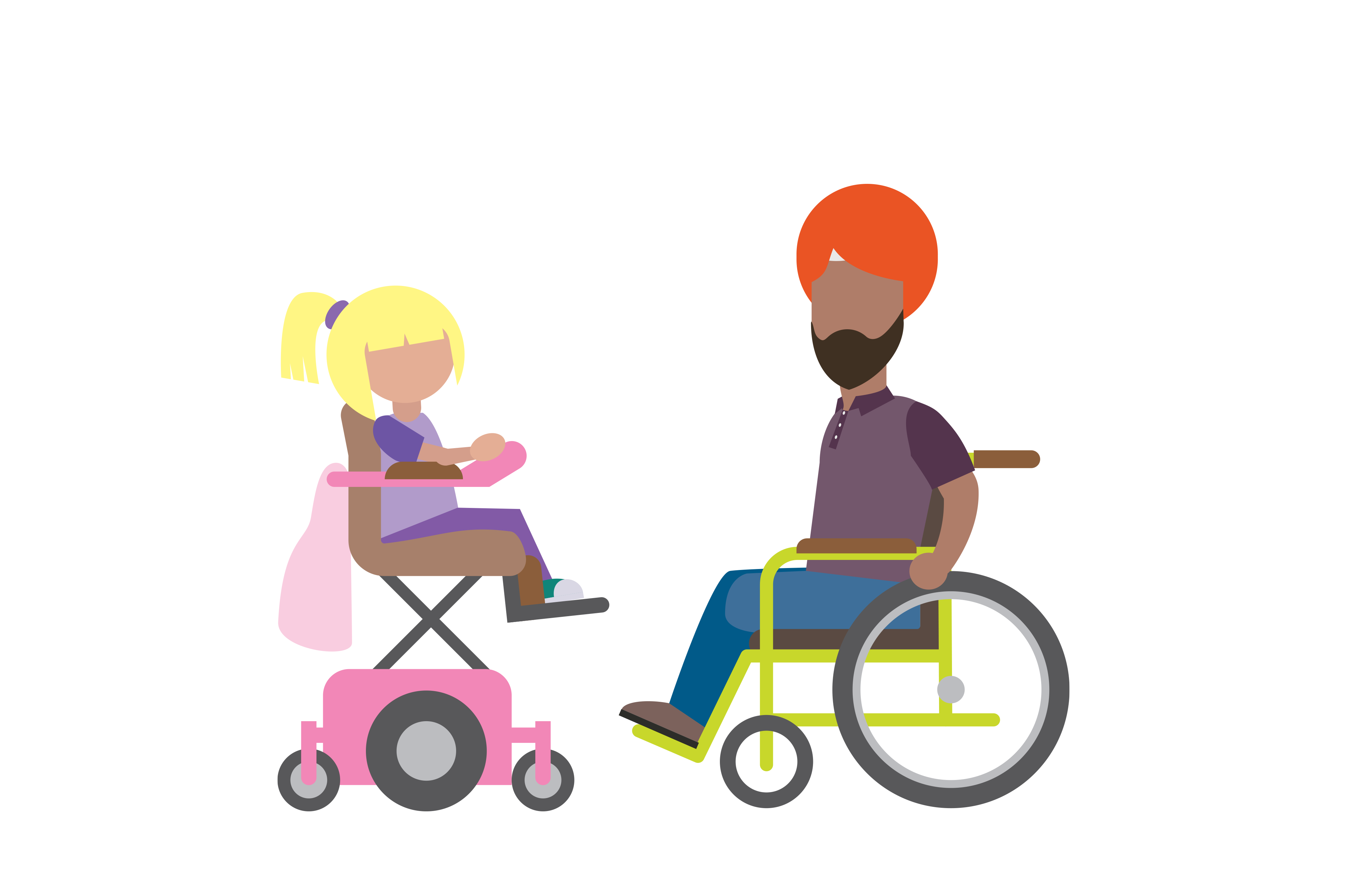 A young girl with yellow hair sits on her cool pink power chair next to a man with an orange sikh turban in a green wheelchair. His lower left leg is missing.