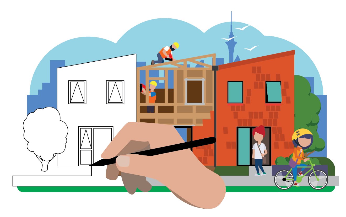 A hand draws a sketch of a terraced house on the left; in the middle we see builders working on the frame of the adjoined terrace, and on the right we see the finished building, with people using the space. A young woman cycles past with the Auckland skyline in the background.