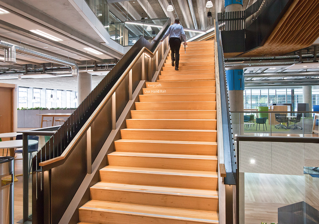 These stairs are well lit which improves safety, especially for people with low vision. Stronger colour contrast to the nosings would be beneficial.