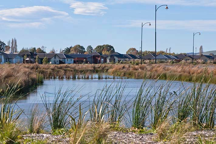 A newly daylighted waterway in Takānini.