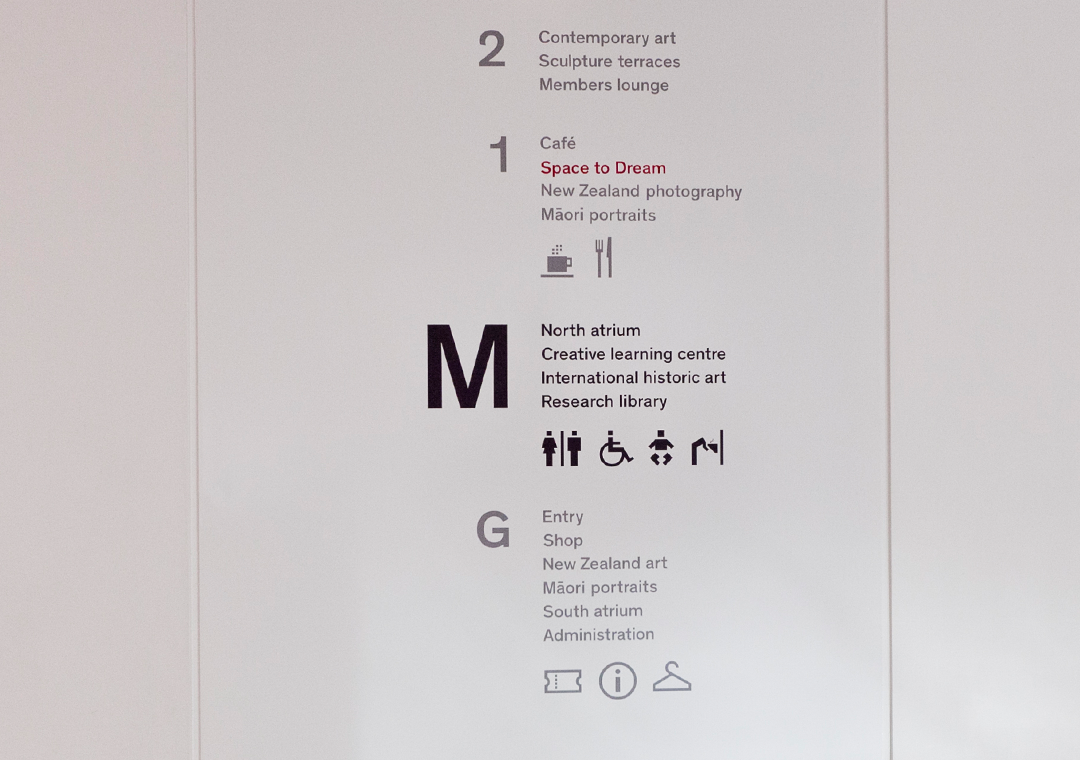 A building directory located at the main access point on each level informs users both what floor they are on and the services provided on other floors.