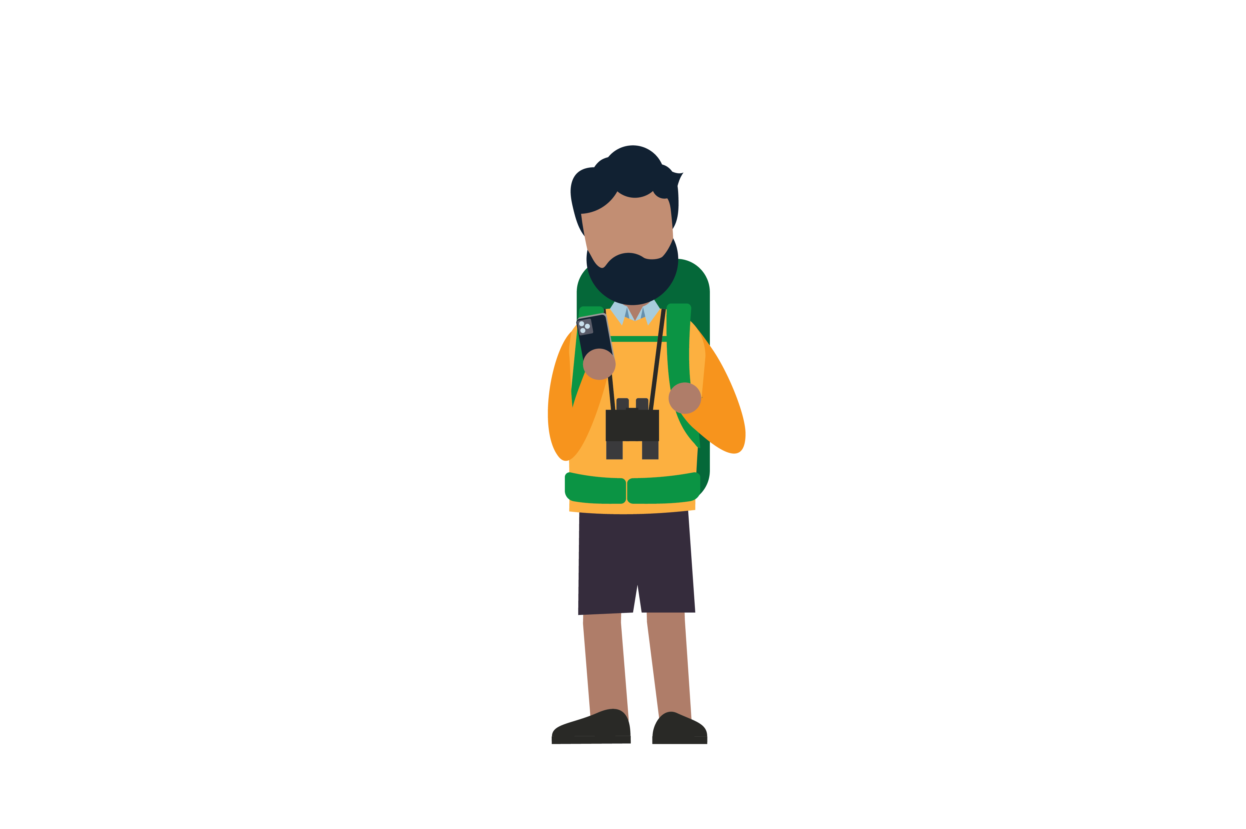 A bearded man with dark hair checks his phone for directions in his own language. He is carrying a backpack, shorts and comfortable shoes. He has binoculars around his neck for seeing the sights.