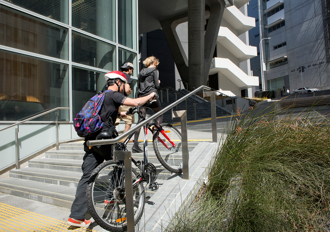 Space has been provided alongside a handrail on stairs to enable cyclists to wheel their bikes up.