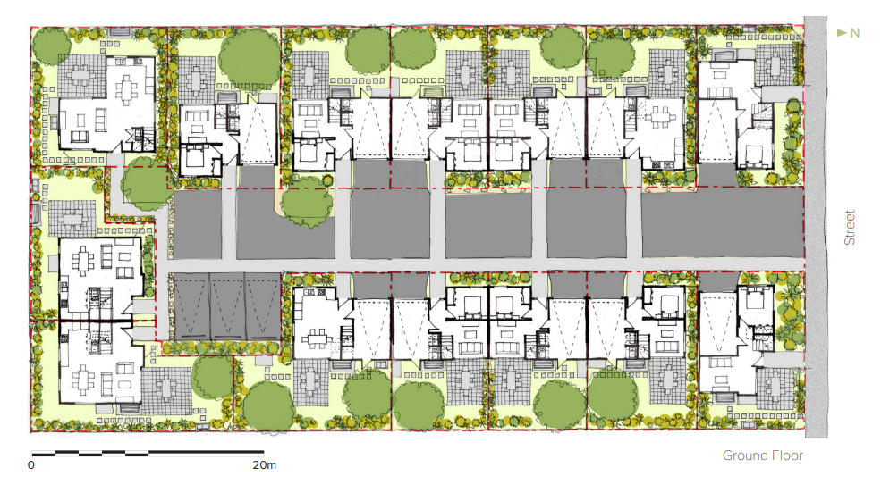 Example of a 14 terraced house option shown on a site plan on a particular site