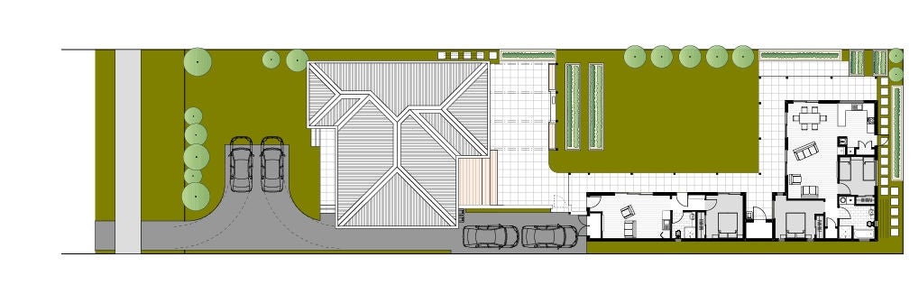 The site plan showing the existing house at the street front (shown left), with a floor plan of the additional rear units (right).