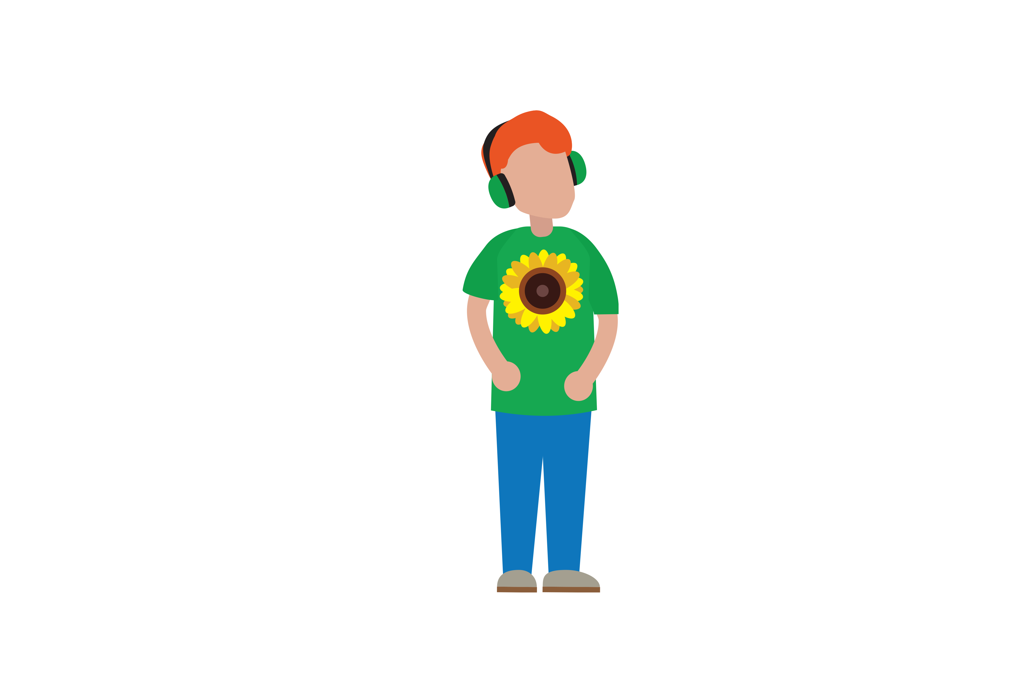 We see a person with lighter skin and red hair. They are wearing bright green earmuffs, and a light green shirt with a big sunflower on the front. 