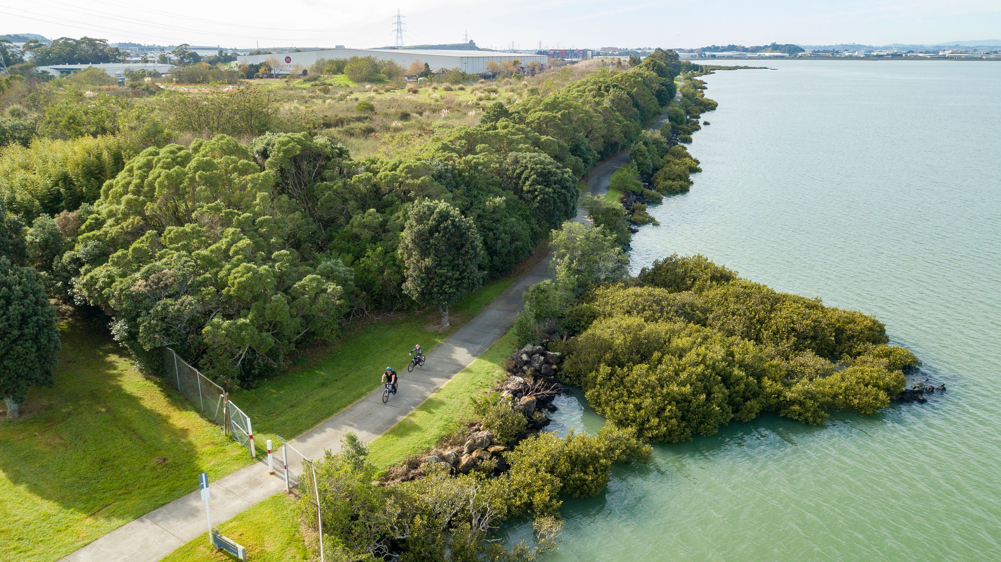 An aerial view of the cycleway along the shore of the Manukau harbour.