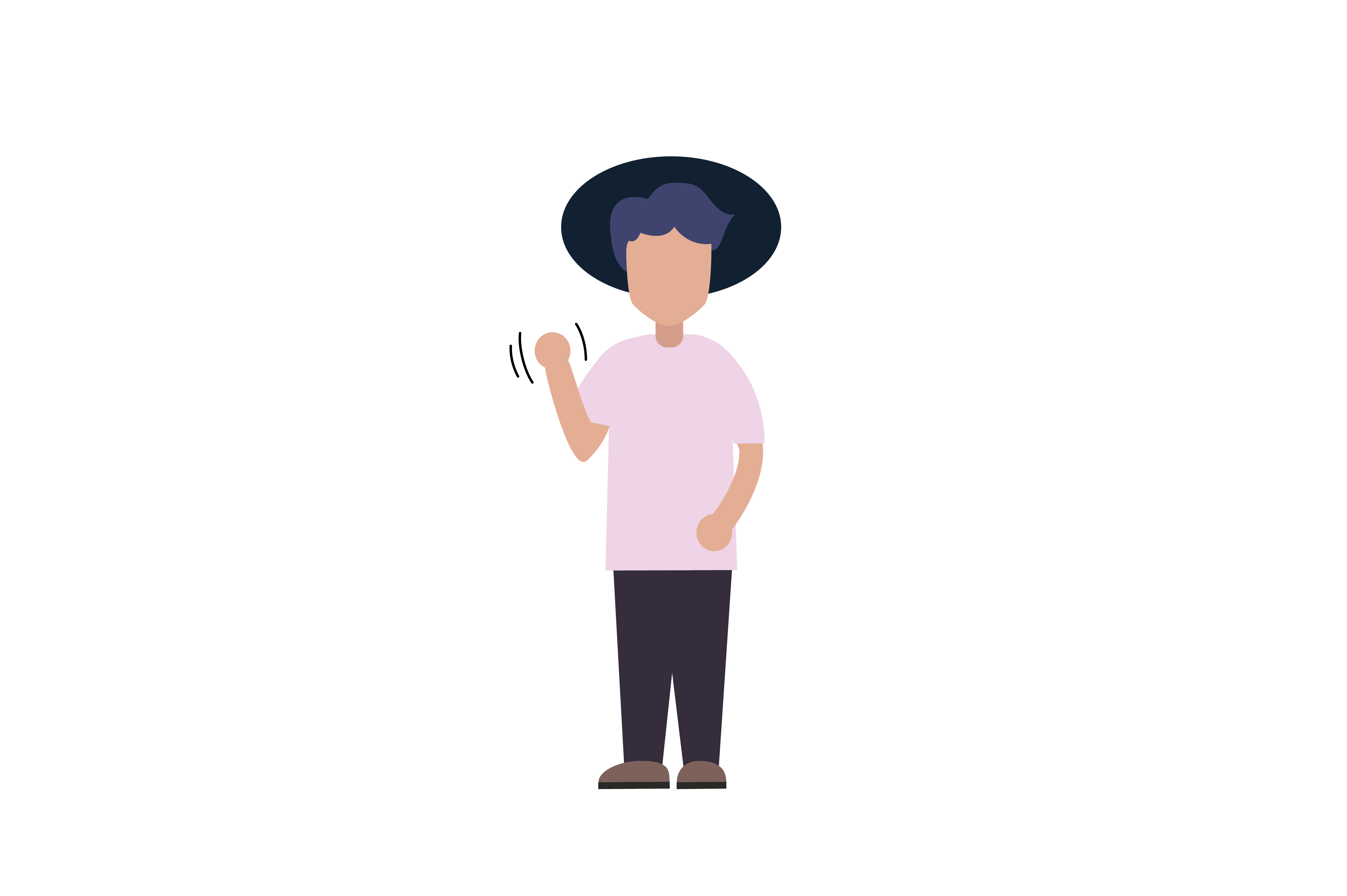 A person wearing a hat, standing and waving their hand, which means "hello" or "goodbye" in New Zealand sign language.