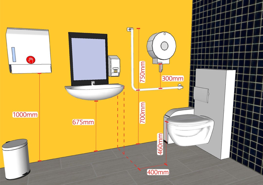 This diagram demonstrates the location of fixtures including the location of an L-shaped grab rail. Grab rails provide people support when moving on and off the toilet. It is important that fixtures such as the toilet roll holder do not impede grasp of the grab rail.  Accessible toilets and family rooms need to have enough space for the user, an assistant, plus mobility equipment, whether that is a wheelchair, four wheeled stroller or pram. The minimum room size of accessible toilets should be 2300 mm wide x 2500 mm. Ensure there is at least 830 mm of clear space without fixtures or bins beside the toilet as this space is needed for wheelchairs.