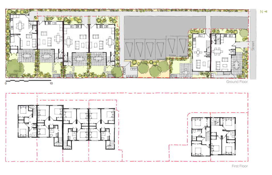 Example of a 6 terraced house option shown on a site plan on a particular site