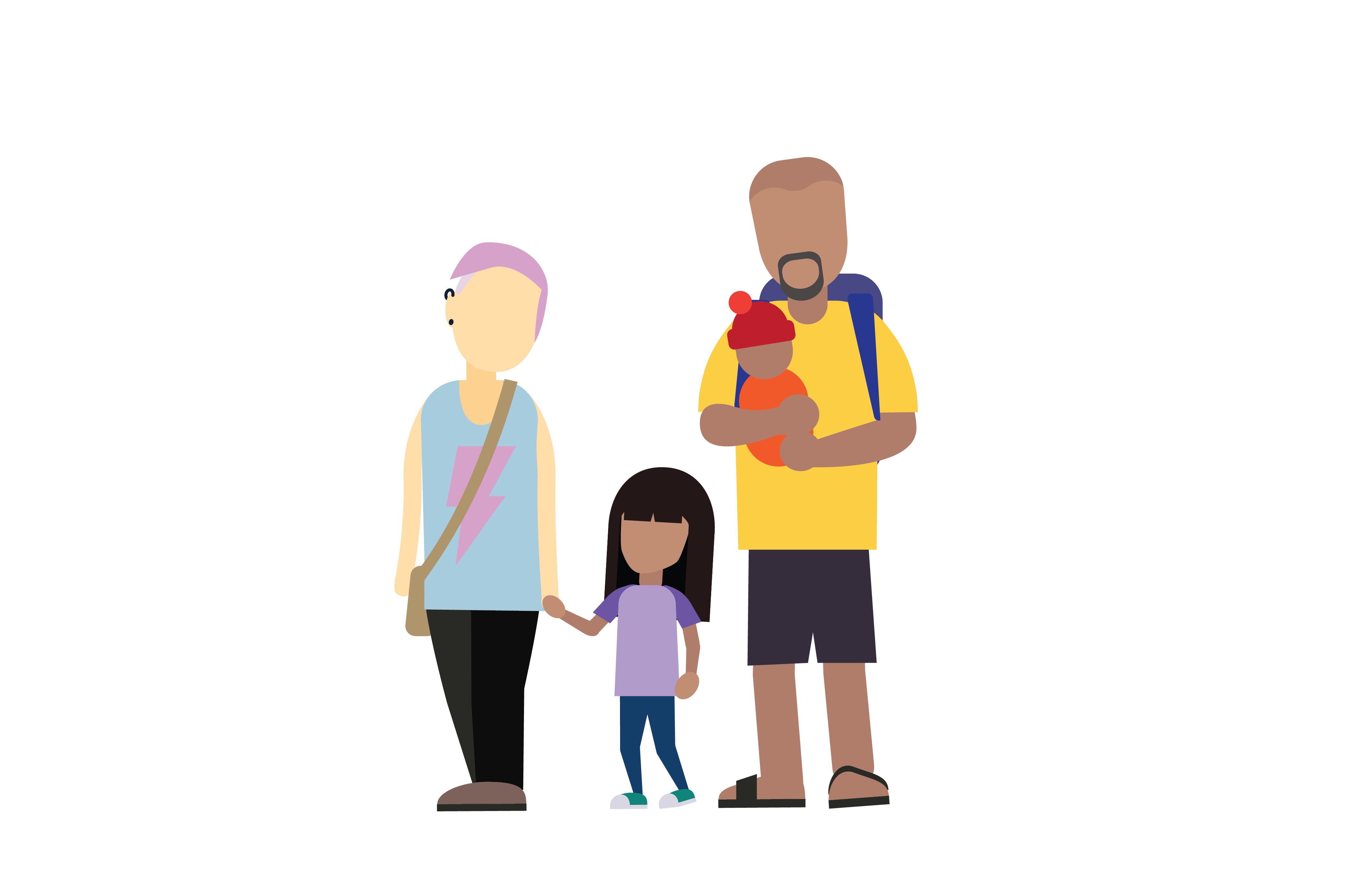 We see a mum and dad with their two children. Mum has funky pink hair, and is holding her young child's hand while dad is wearing and is holding their infant attentively.