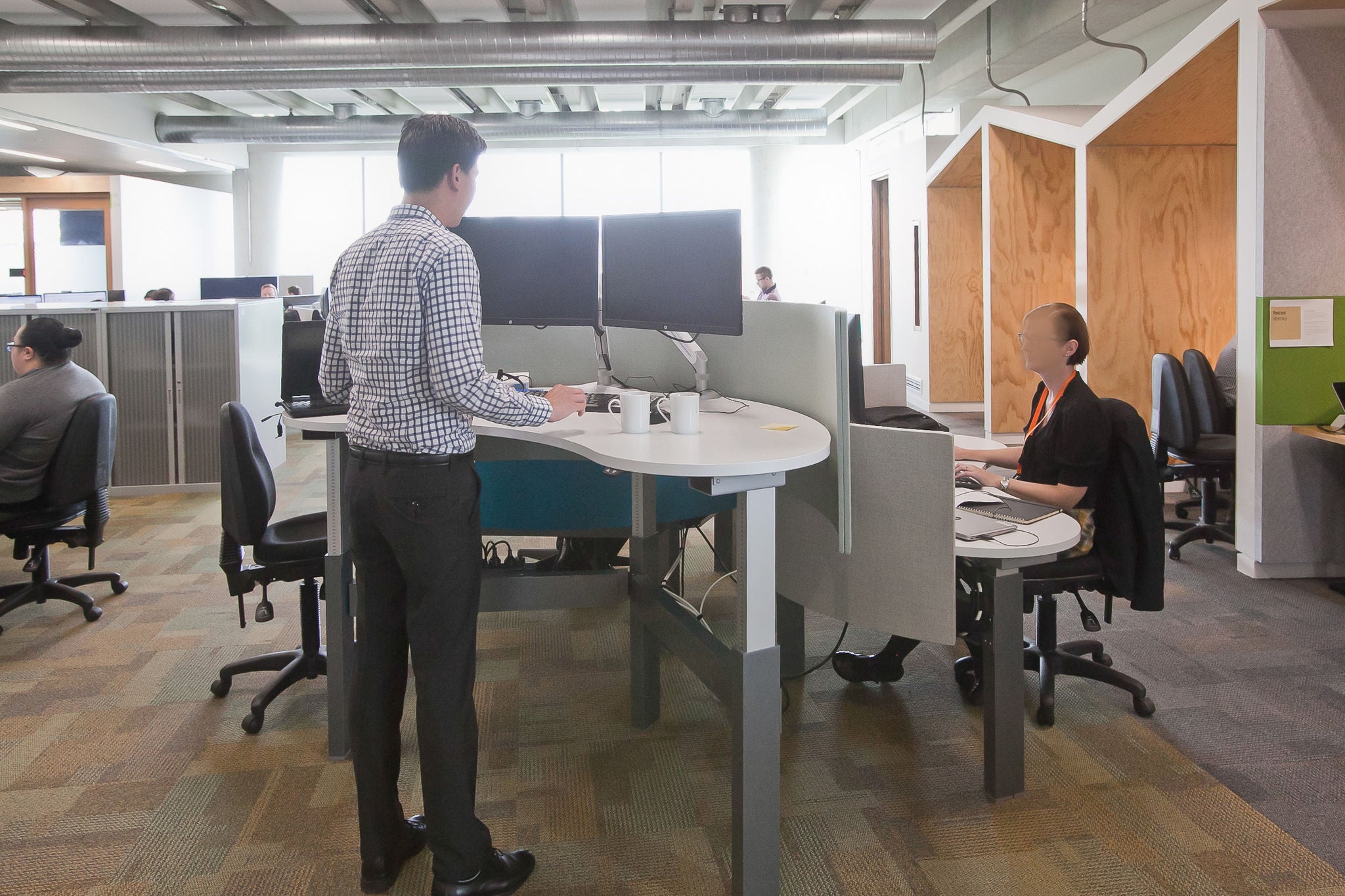 Providing desks that are height adjustable enables users to set the desk at a height that suits them, including the ability to be able to alternate between sitting and standing as able.