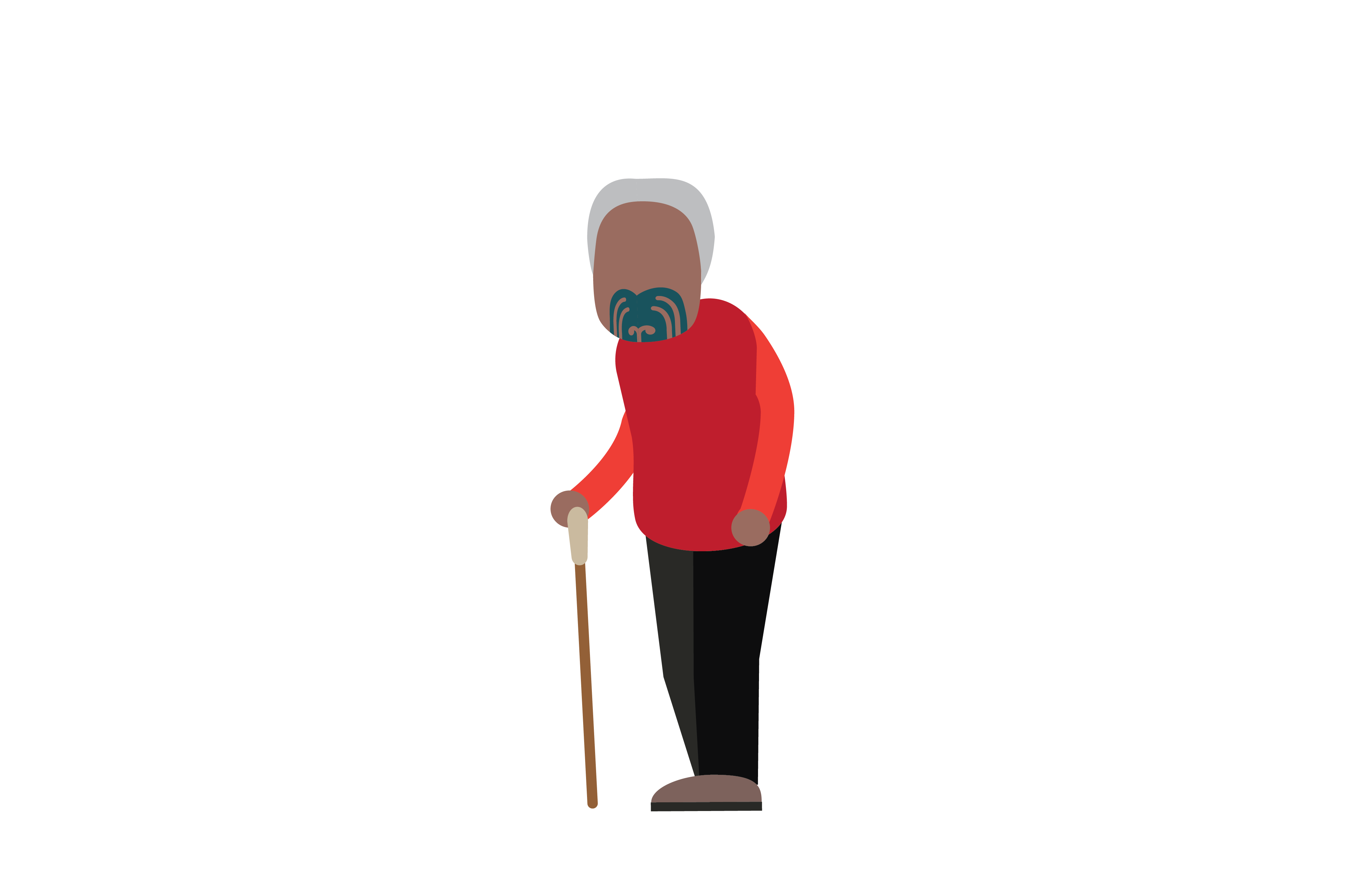 We see an elderly man with a moko on his face, leaning on a walking stick. He has much mana after a long life of service.