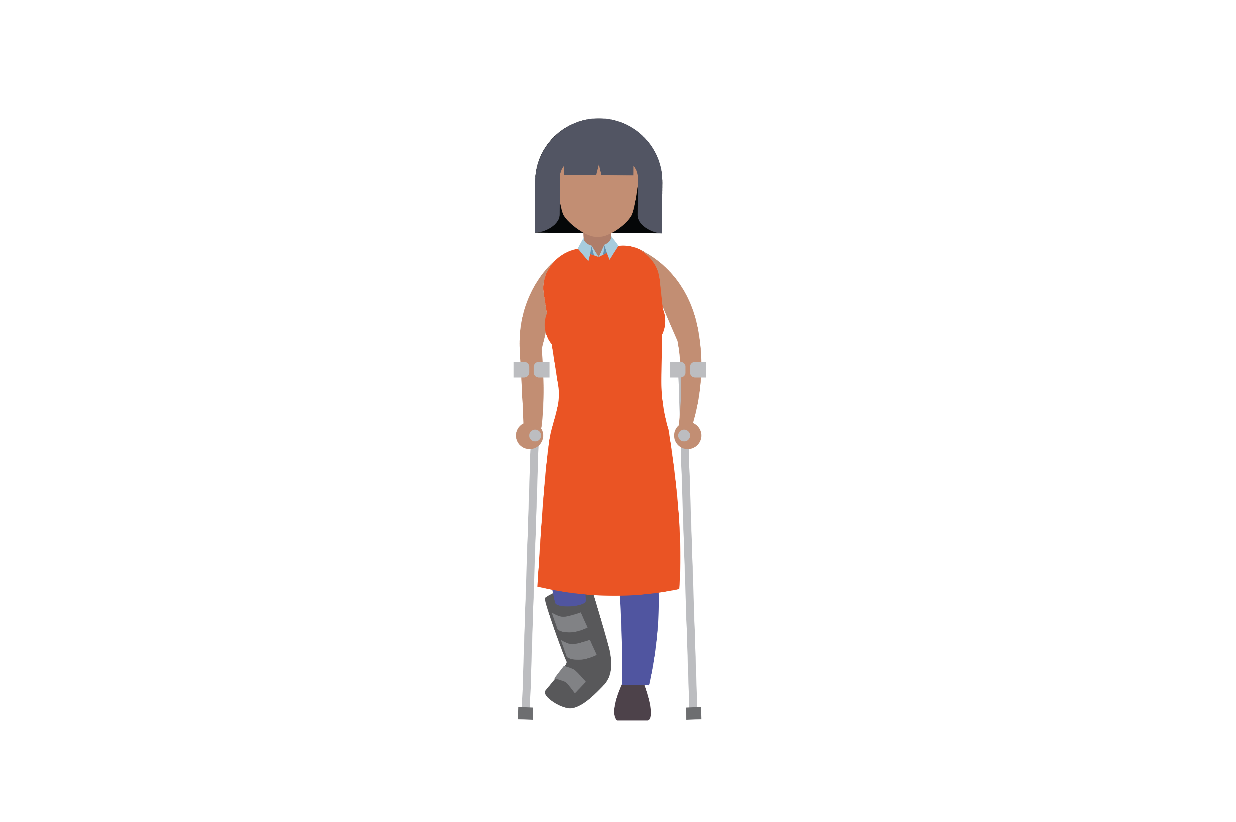 A woman in an orange dress and blue leggings is standing on her crutches after surgery on her foot. She has a grey moon boot on her right foot to keep it immobilised.