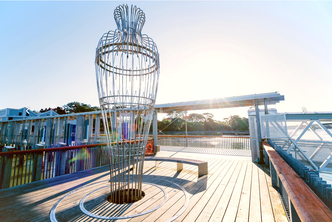 Inspired by a traditional Māori hinaki, this steel sculpture rises from the wharf at Hobsonville Point.