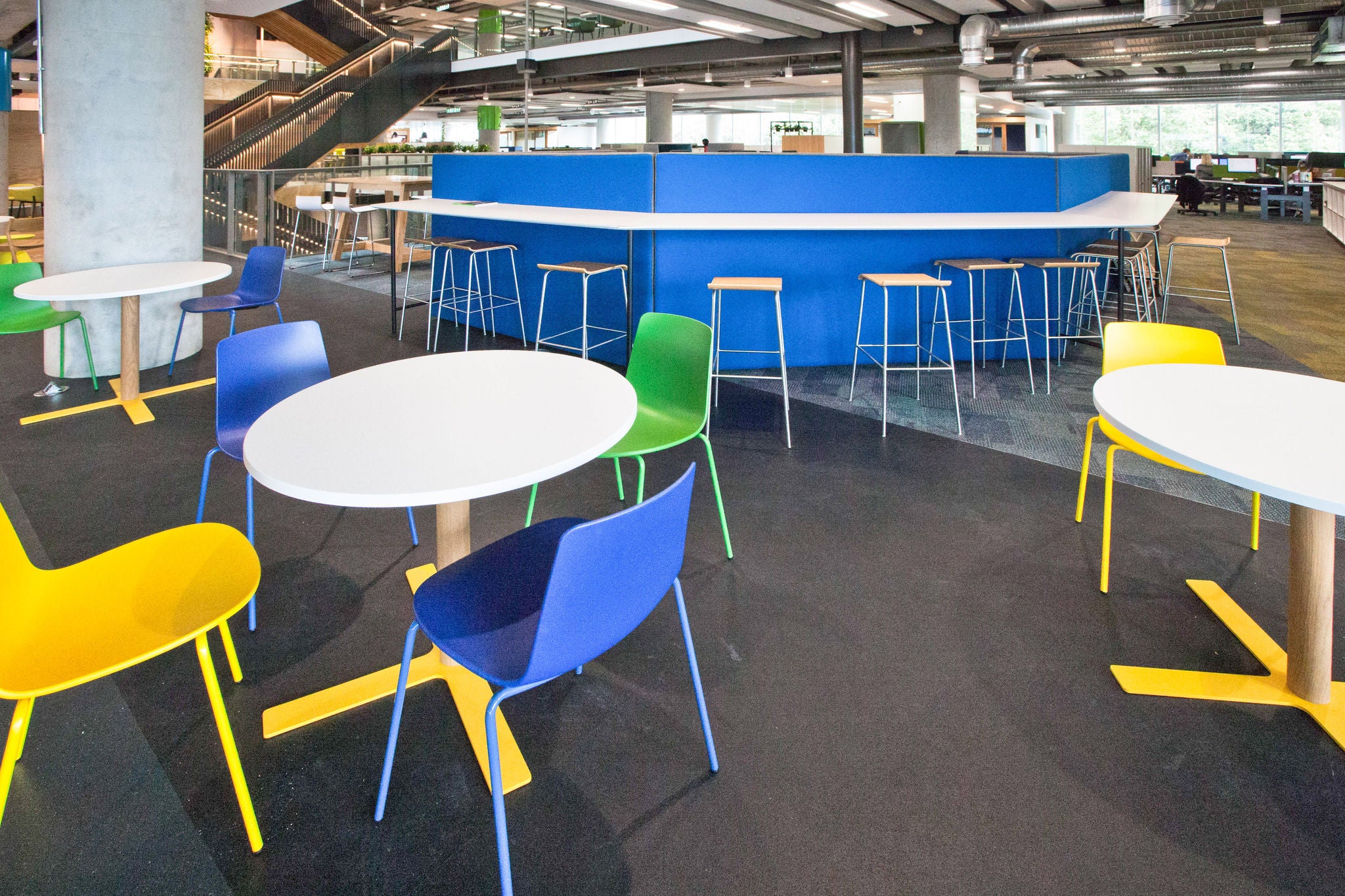 Providing a variety of seating gives people options of seats that suit them. Colour contrast is helpful for people who have low vision. Providing some seating with armrests would be helpful for people with decreased agility. 