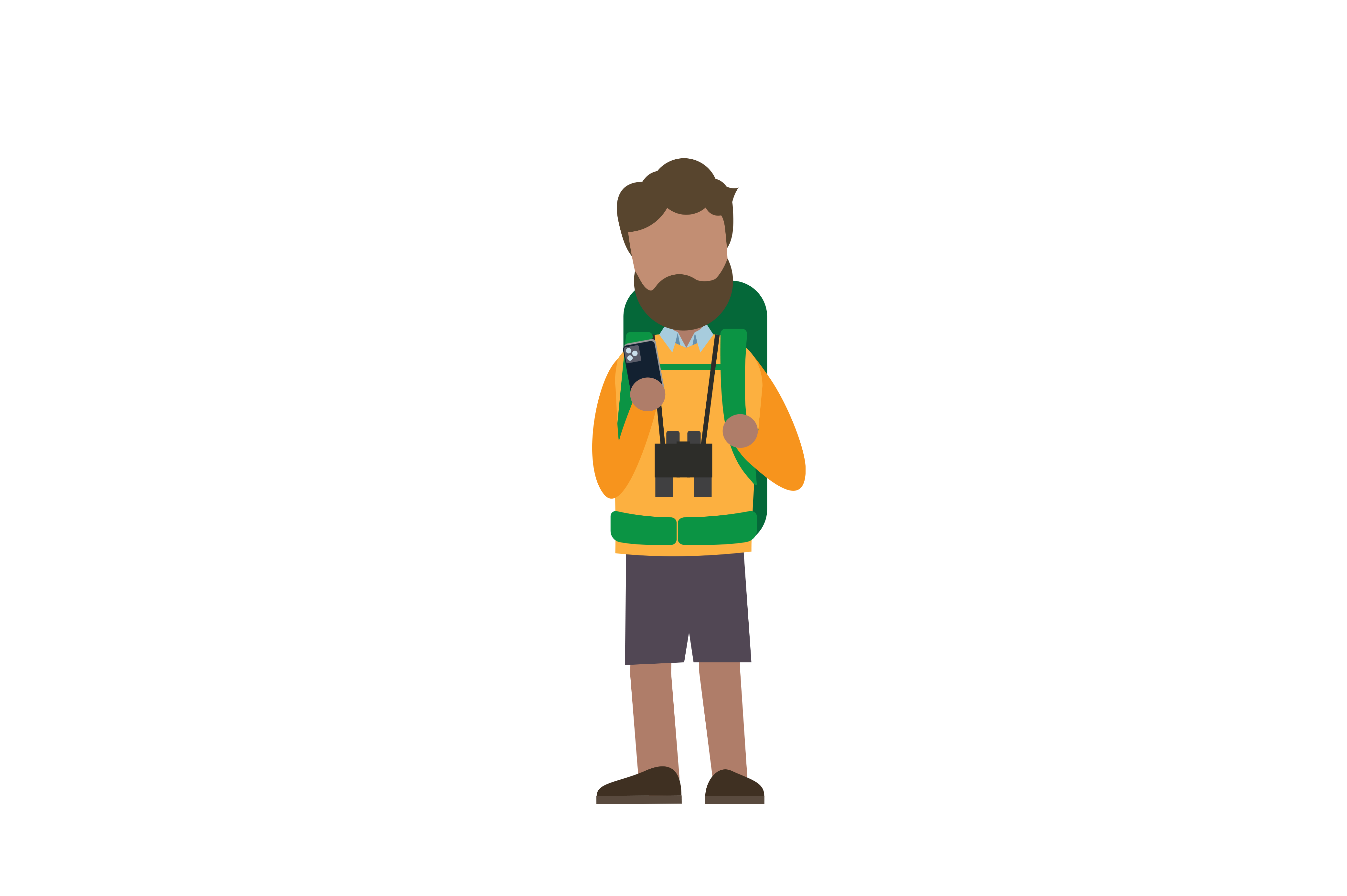 A bearded man with dark hair checks his phone for directions in his own language. He is carrying a backpack, shorts and comfortable shoes. He has binoculars around his neck for seeing the sights.