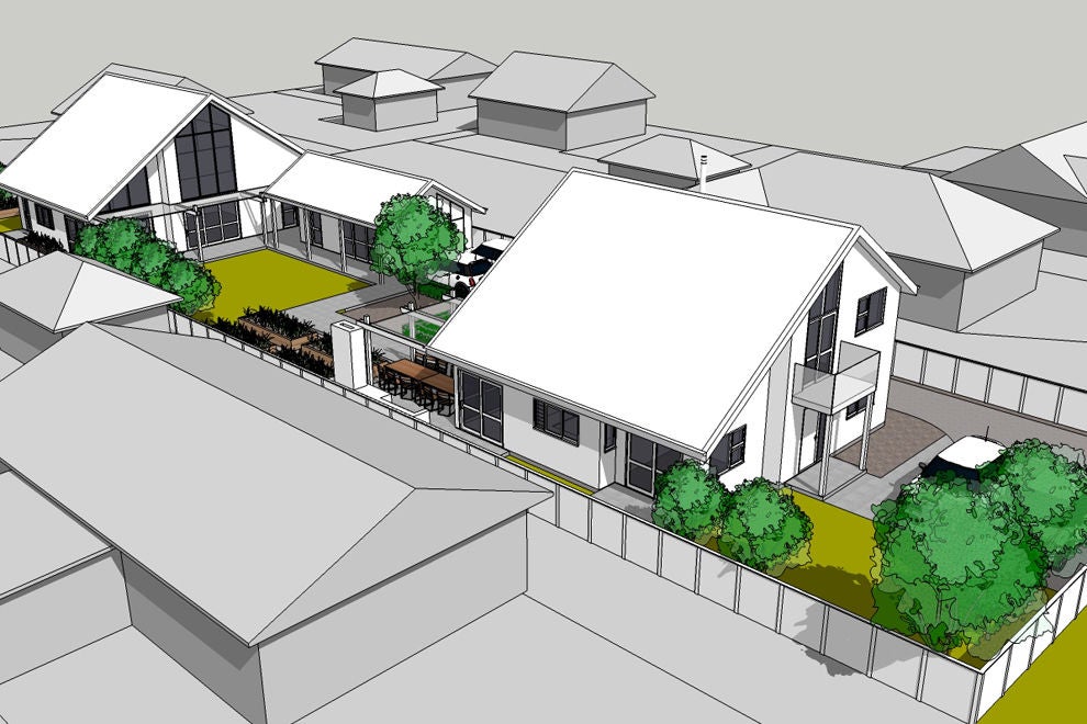 The papakainga design provides a mix of communal and private spaces across 3 dwellings.