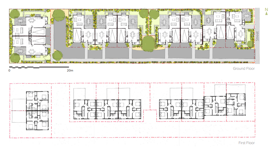 Example of 10 terraced house option shown on a site plan on a particular site