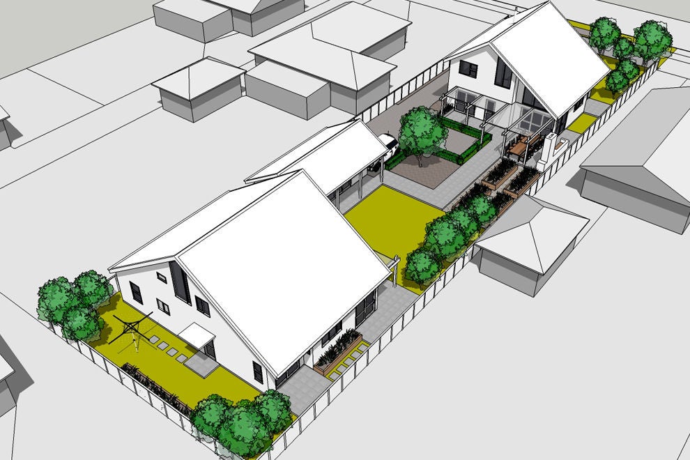 The site, viewed from the rear fence (bottom-left), across the the rear home & communal outdoorspace to the front dwelling (top-right).