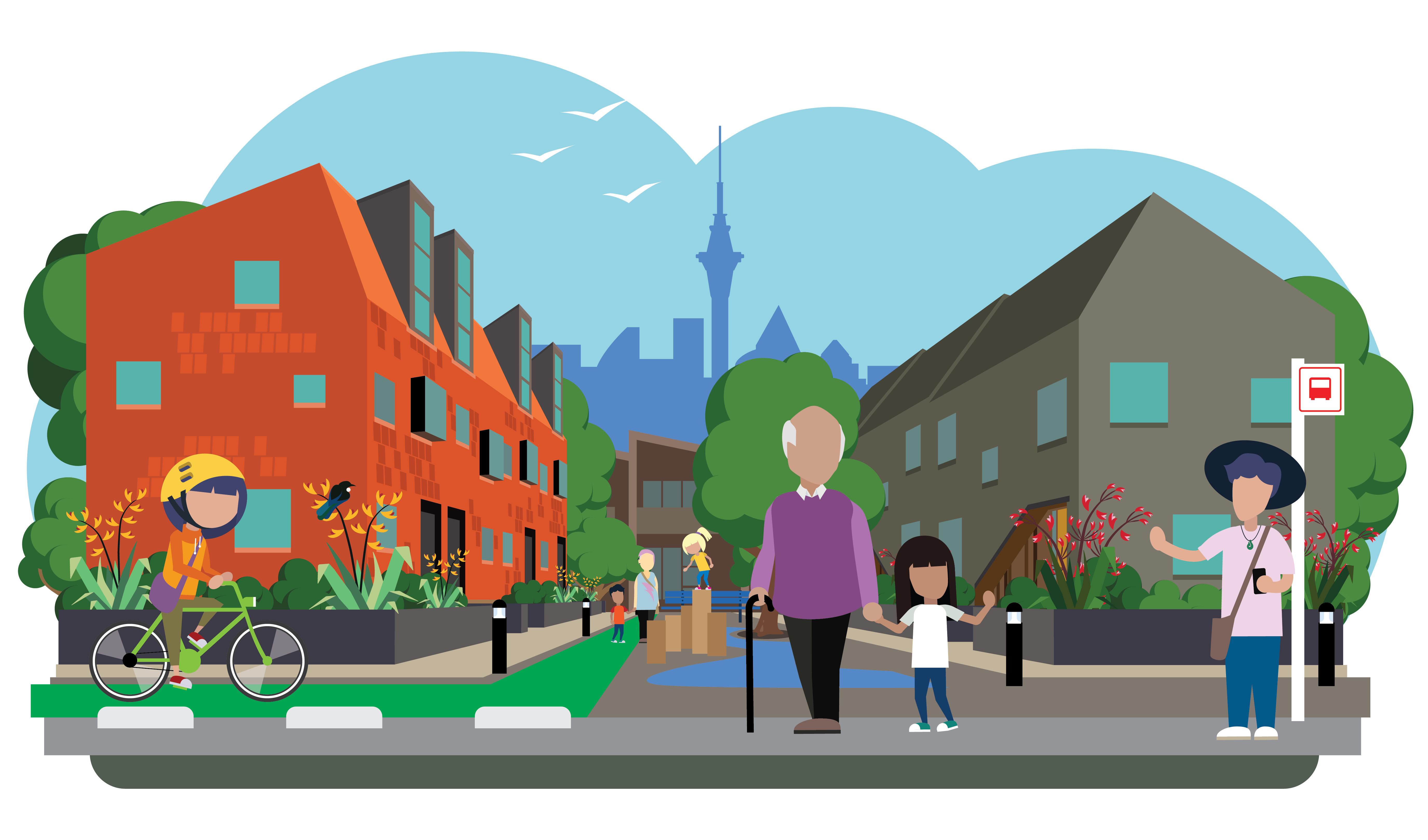 An elderly man with a cane holds his grand daughter's hand as she greets a friend standing at the bus stop. Behind them is a shared spaces with a play area, flanked by terraced homes and trees. The Auckland skyline is in the background as seagulls fly overhead.